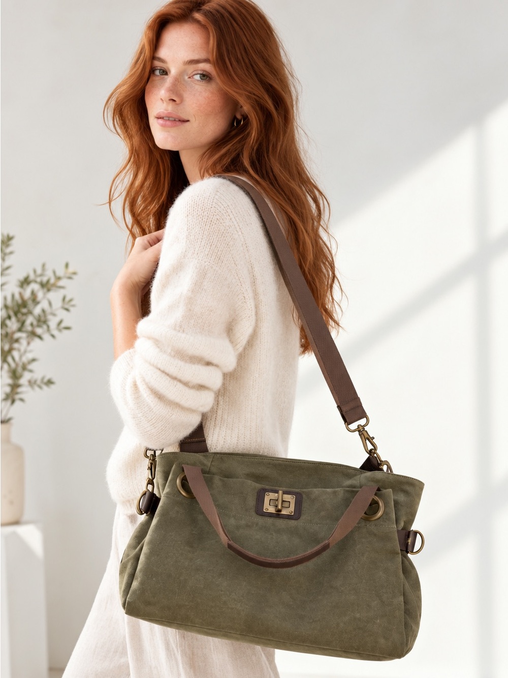 Zede Pont-des-Arts Olive Waxed Canvas Leather Convertible Tote Crossbody